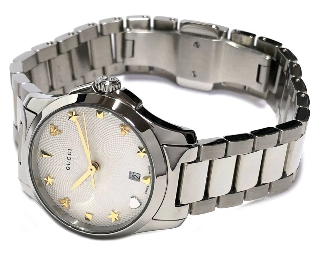Like new Gucci G Timeless Ladies Watch YA126572 Guilloche 126.5 Women's White Dial Silver 27mm GUCCI 126.5/YA126572 