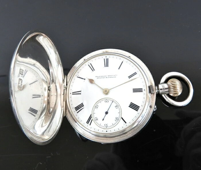 Genuine Rotherhams Roselams FLAVELLE BROS SYDNEY & LONDON Sterling Silver 925 Double Hunter Pocket Watch Hand Wound Silver 