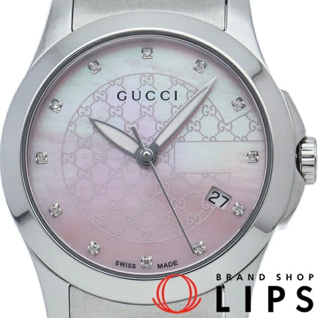 Gucci G-Timeless 12P Diamond Shell YA126534 (126.5) SS Women's White Dial Finished Beautiful