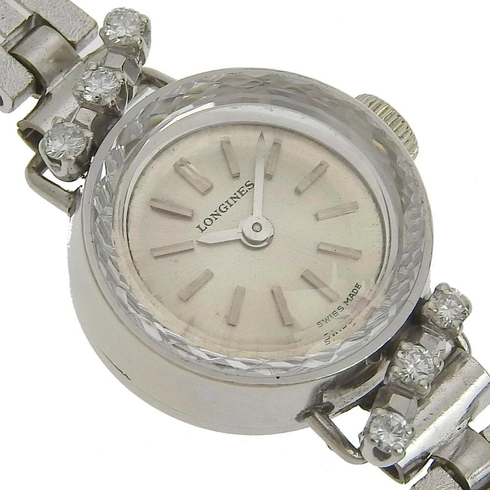 [LONGINES] Longines cal.410 14k white gold x stainless steel x diamond hand-wound ladies silver dial 