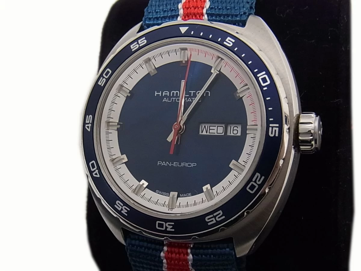 Good Condition ◇ Hamilton Pan Euro H354050 Blue Dial Super Rare Air Race Pin Batch Spare Belt Manual Box with G Card