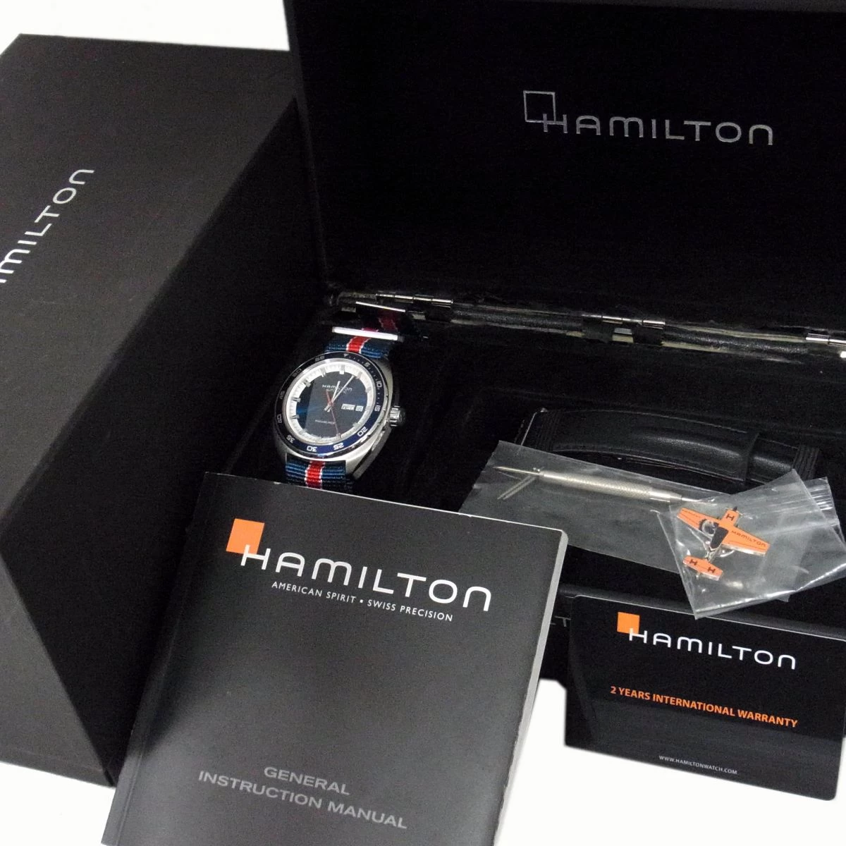 Good Condition ◇ Hamilton Pan Euro H354050 Blue Dial Super Rare Air Race Pin Batch Spare Belt Manual Box with G Card