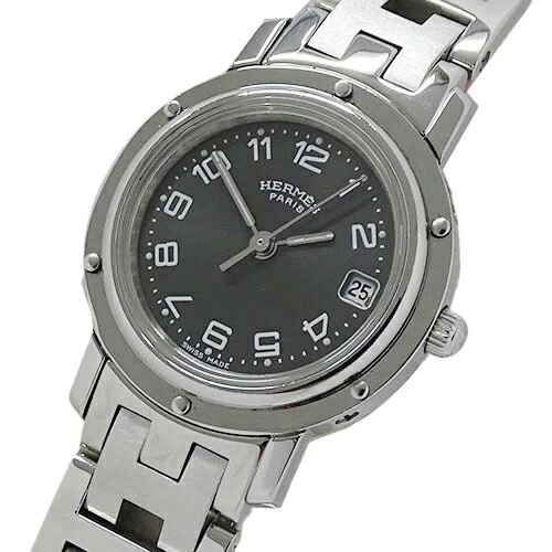 Hermes Hermes Women's Brand Clipper Date Quartz QZ Stainless Steel SS CL 4.210 Silver Grey Polished 