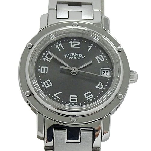 Hermes Hermes Women's Brand Clipper Date Quartz QZ Stainless Steel SS CL 4.210 Silver Grey Polished 