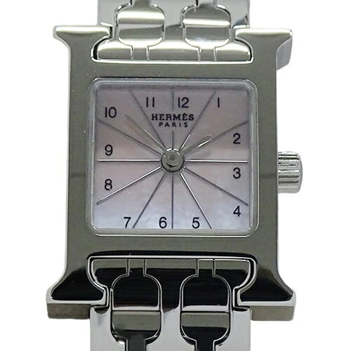 Hermes HERMES Ladies Brand H Watch Mini Pink Shell Quartz QZ Stainless Steel SS HH1.110 Silver Polished 