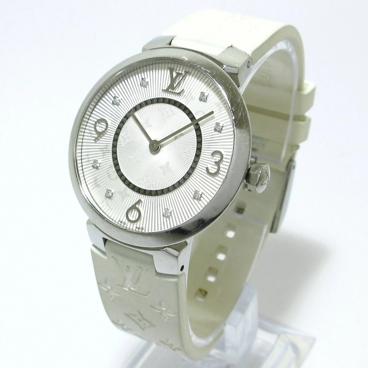 LOUIS VUITTON (Louis Vuitton) Tambour Monogram MM SS/8P Diamond Index/Rubber Belt White