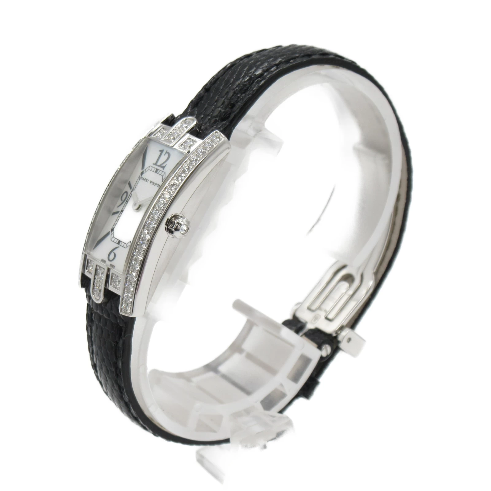 Harry Winston HARRY WINSTON Avenue C Mini Diamond Bezel Watch K18WG (White Gold) Leather Strap Diamond Ladies White White Shell AVCQHM15 