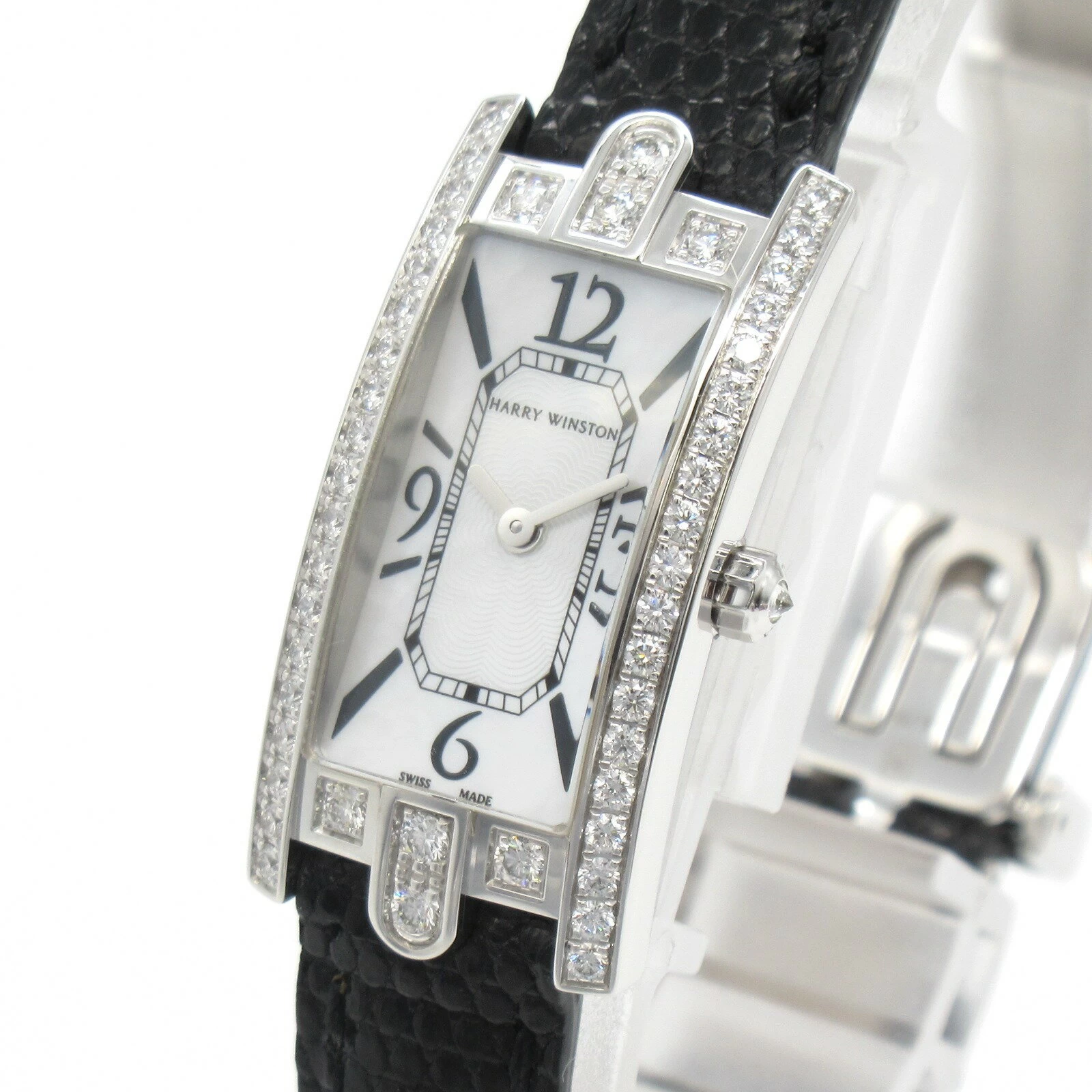 Harry Winston HARRY WINSTON Avenue C Mini Diamond Bezel Watch K18WG (White Gold) Leather Strap Diamond Ladies White White Shell AVCQHM15 