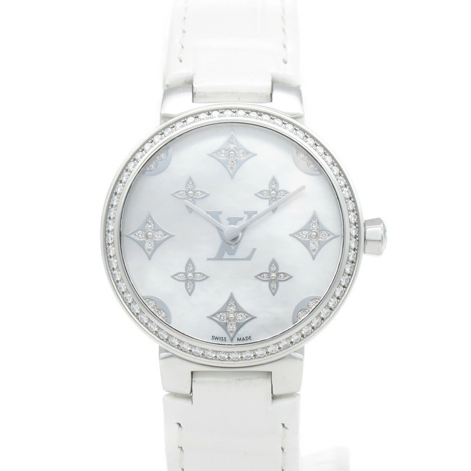  Louis Vuitton Louis Vuitton Tambour Slim Bezel Diamond Watch Stainless Steel Leather Strap Diamond Ladies White White Shell QA109Z 