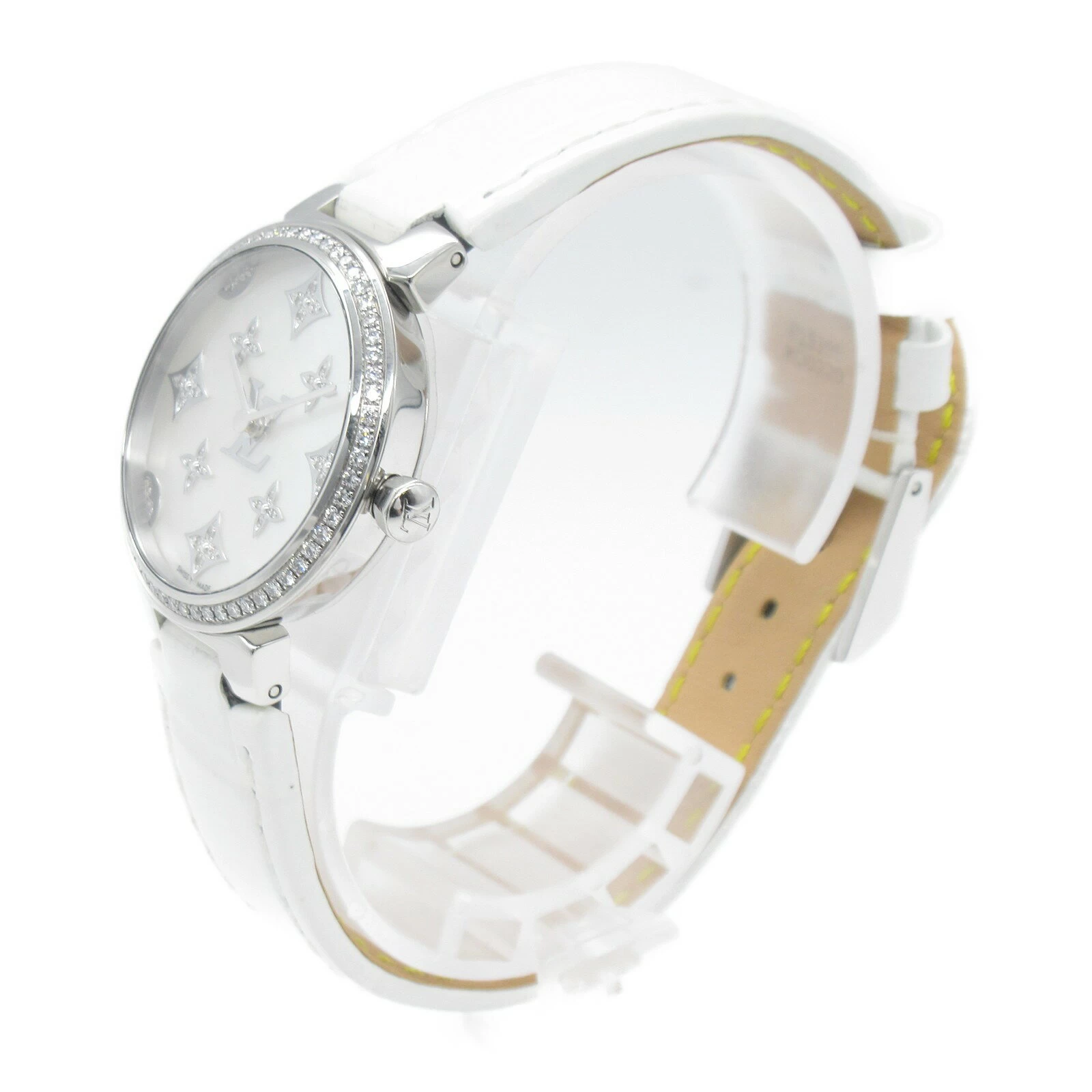  Louis Vuitton Louis Vuitton Tambour Slim Bezel Diamond Watch Stainless Steel Leather Strap Diamond Ladies White White Shell QA109Z 