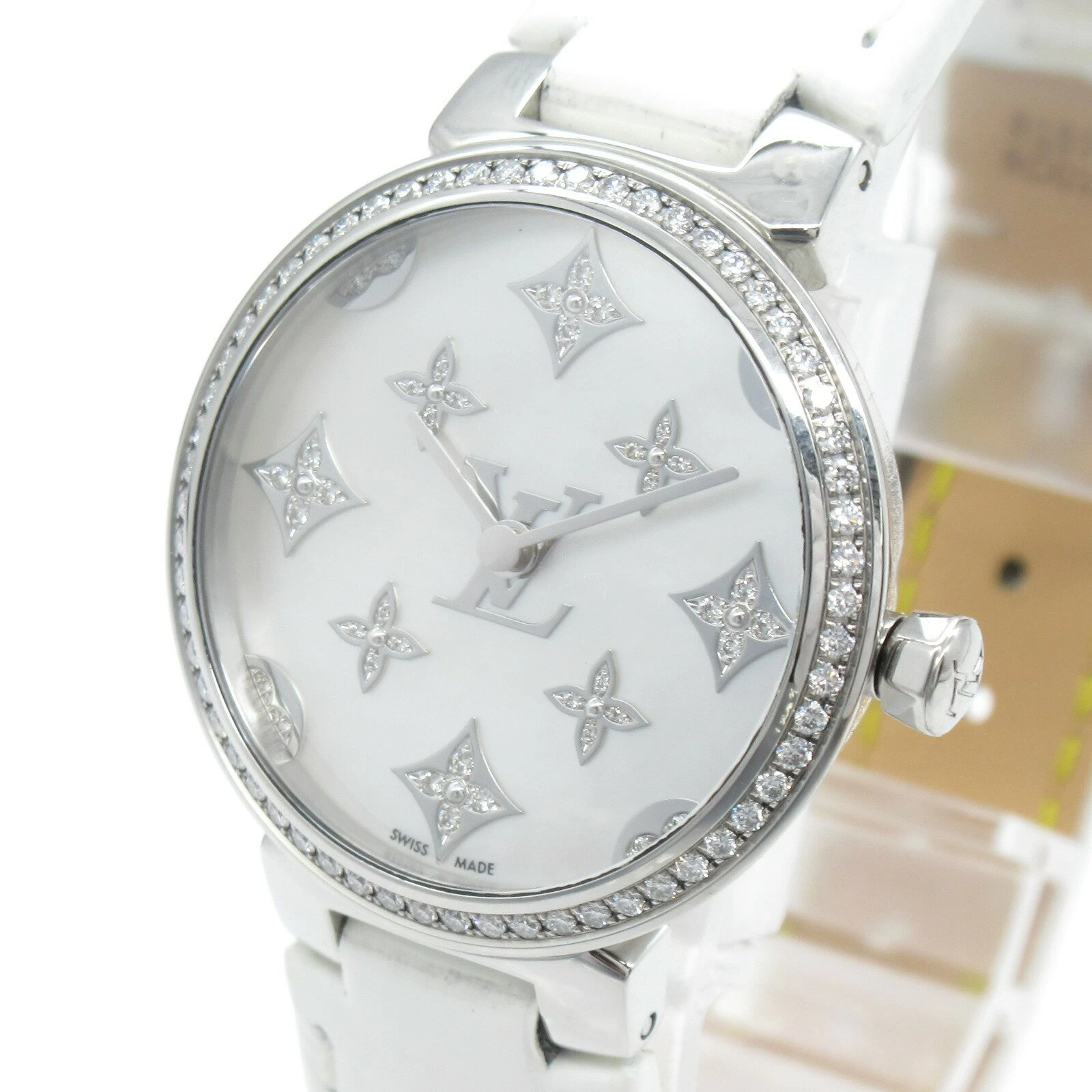  Louis Vuitton Louis Vuitton Tambour Slim Bezel Diamond Watch Stainless Steel Leather Strap Diamond Ladies White White Shell QA109Z 