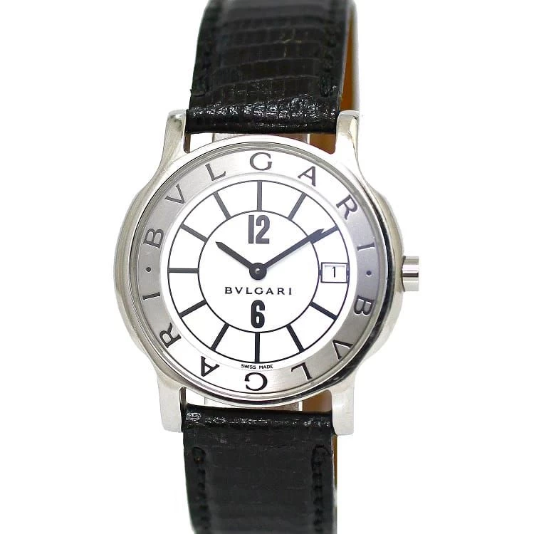 Bulgari Solo Tempo White Silver Black ST35SSS Synthetic Leather BVLGARI White 35mm Round Dial Male Classic Popular Simple White Dial Battery Powered QZ Logo Round Date Stylish Elegant Luxury Casual Business Brand Authentic Appraisal