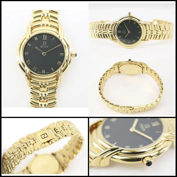 Fendi ★ Extremely Rare Model 300J Unisex Gold x Black Dial Quartz Beautiful Item 5753