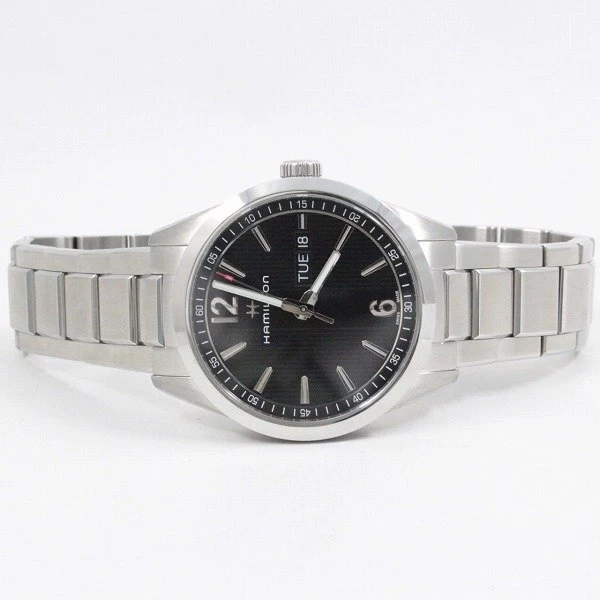 [Good Condition] Hamilton Broadway Day-Date Quartz Black Dial Genuine SS Strap H43311135