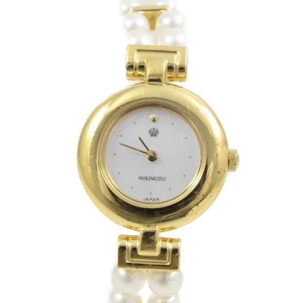 [Batteries Replaced] Mikimoto JAL 2 Row Pearl Breath Watch Quartz Ladies Gold GP Shell Dial 4N20-0941