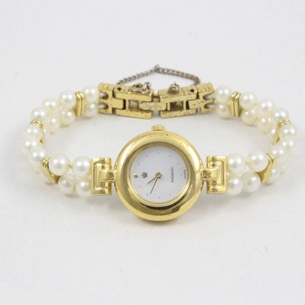 [Batteries Replaced] Mikimoto JAL 2 Row Pearl Breath Watch Quartz Ladies Gold GP Shell Dial 4N20-0941