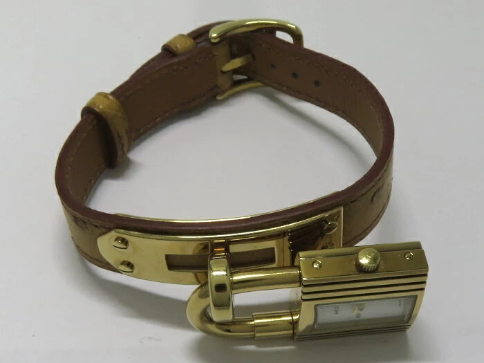 HERMES Kelly Watch Women's Ostrich Gold Hardware □ B Engraved
