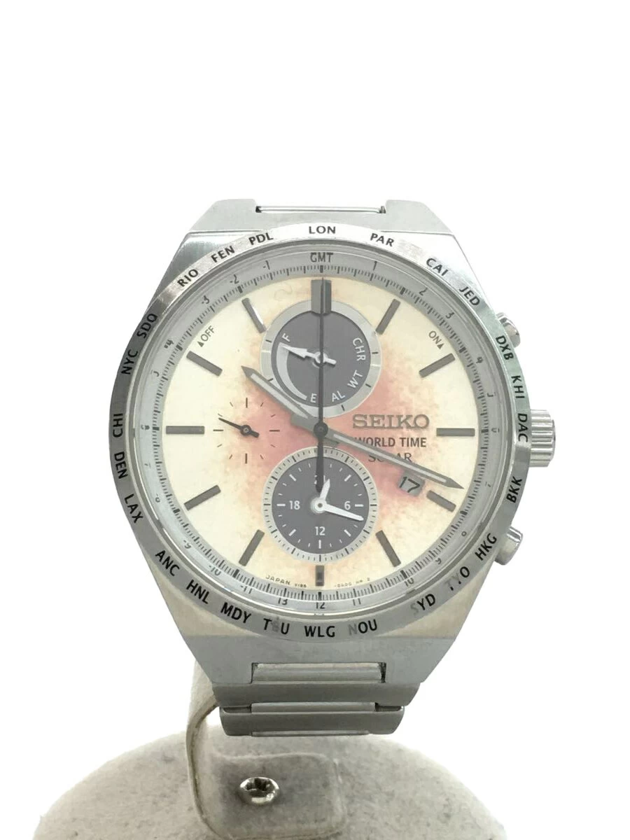 SEIKO ◆ WORLD TIME SOLAR analog/stainless steel/BLK/SLV/V195-0AE0/small scratches