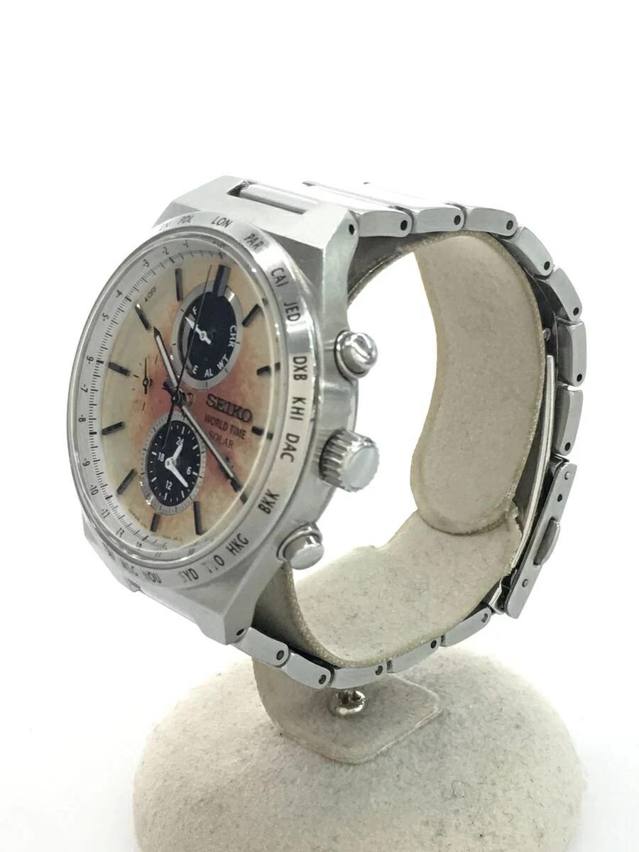 SEIKO ◆ WORLD TIME SOLAR analog/stainless steel/BLK/SLV/V195-0AE0/small scratches