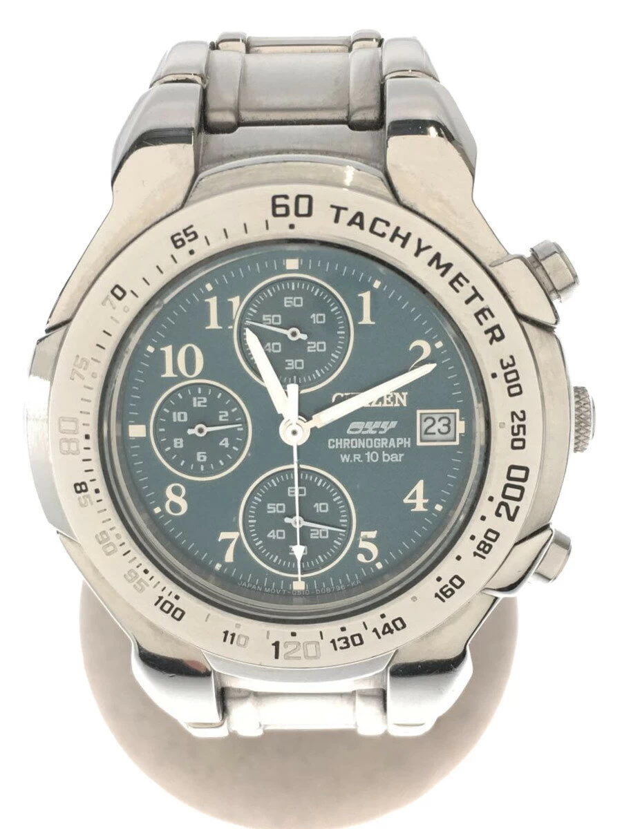 Citizen ◆ Quartz/Analog/Stainless Steel/GRN/SLV/0610-S92642 Chronograph Tachymeter Arabian Index Date