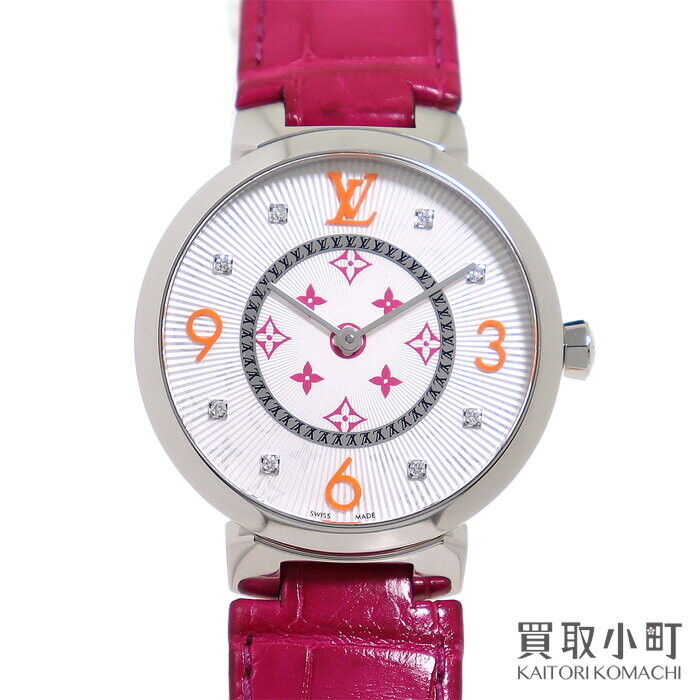 [Good Condition] Louis Vuitton [LOUIS VUITTON] QA147Z Tambour Monogram MM Fuchsia & Orange Pink Alligator Leather Belt 8P Diamond Quartz Ladies Watch LV TAMBUR 33 MMONOGRAM 8P DIAMONGRAM WATCH [A Rank]