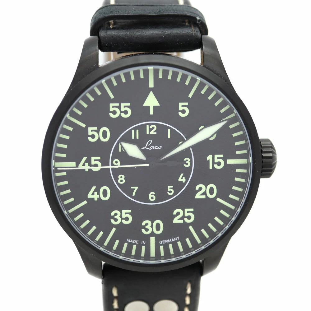 LACO 861760 Bielefeld Automatic/Self-Winding 5 ATM Waterproof SS/Stainless Steel Calfleather/Leather Black Dial USED-8 Pawn Shop Akanebe Store A22-9358