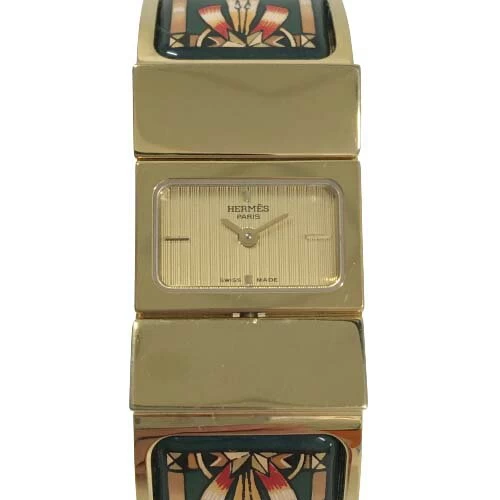 [South Store] [Beautiful Item] Hermes HERMES LO1.201 Location Bangle Watch Emaille Enamel Green Green Horse Pattern Battery Operated Quartz Gold Dial Double Hand Ladies Women's 