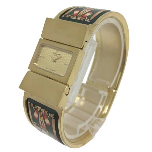 [South Store] [Beautiful Item] Hermes HERMES LO1.201 Location Bangle Watch Emaille Enamel Green Green Horse Pattern Battery Operated Quartz Gold Dial Double Hand Ladies Women's 