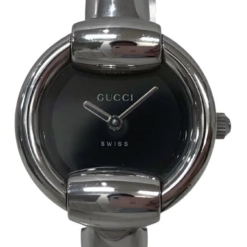 [Good Product/Battery Replaced] Gucci YA014504 Bangle Watch, Black Dial, Silver, Women's, 1400L, Round, Simple