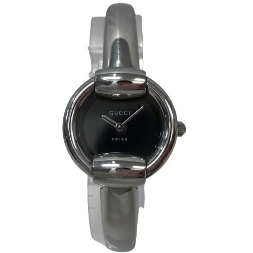 [Good Product/Battery Replaced] Gucci YA014504 Bangle Watch, Black Dial, Silver, Women's, 1400L, Round, Simple