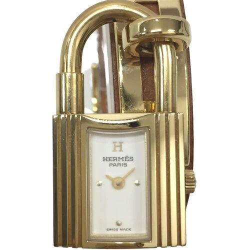 [Good Product/2022.9 Battery Replaced/Accessories 〇] Hermes KE1.201 Kelly Watch, White Dial, Quartz, Battery Operated, 0Z Engraved, Padlock Type, Genuine Leather Strap, Gold Hardware, Brown, Brown, Women's