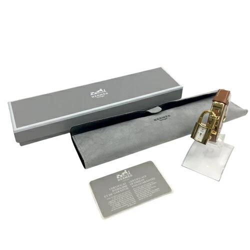 [Good Product/2022.9 Battery Replaced/Accessories 〇] Hermes KE1.201 Kelly Watch, White Dial, Quartz, Battery Operated, 0Z Engraved, Padlock Type, Genuine Leather Strap, Gold Hardware, Brown, Brown, Women's