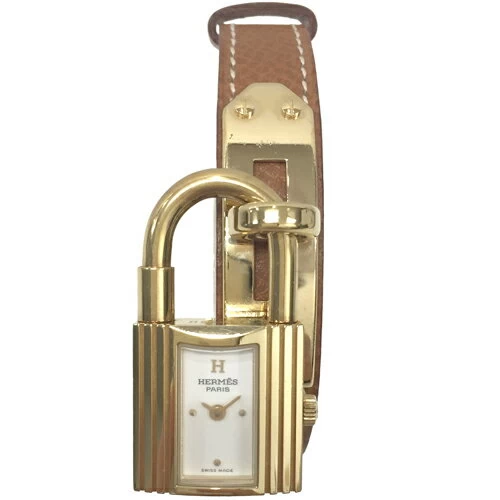 [Good Product/2022.9 Battery Replaced/Accessories 〇] Hermes KE1.201 Kelly Watch, White Dial, Quartz, Battery Operated, 0Z Engraved, Padlock Type, Genuine Leather Strap, Gold Hardware, Brown, Brown, Women's