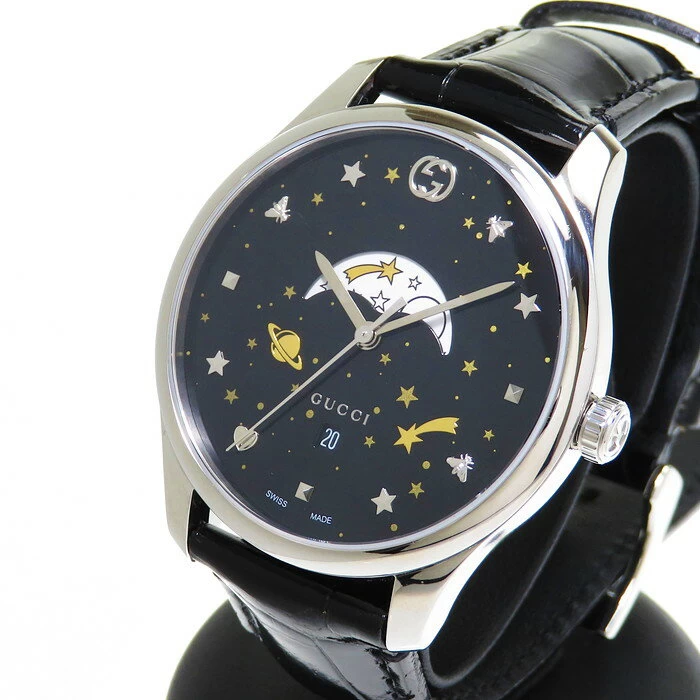 [GUCCI/Gucci] YA126328 126.3 Moon Phase Battery Replaced Stainless Steel/Alligator Quartz Black [GD] [DMoX]