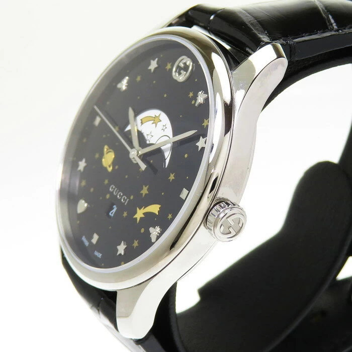 [GUCCI/Gucci] YA126328 126.3 Moon Phase Battery Replaced Stainless Steel/Alligator Quartz Black [GD] [DMoX]