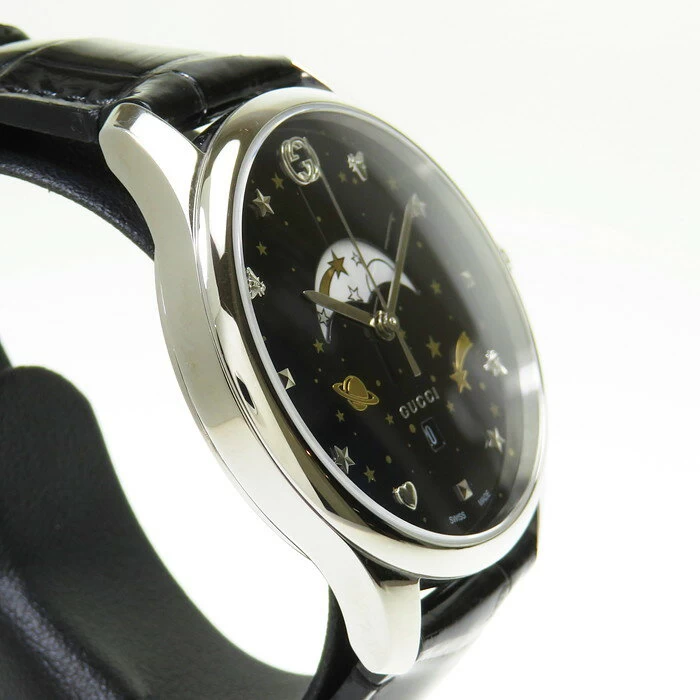 [GUCCI/Gucci] YA126328 126.3 Moon Phase Battery Replaced Stainless Steel/Alligator Quartz Black [GD] [DMoX]