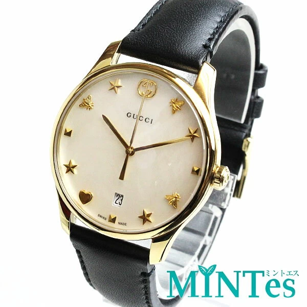 Gucci G Timeless Mother of Pearl Women YA1264044 Gold Black GG White Shell Leather 