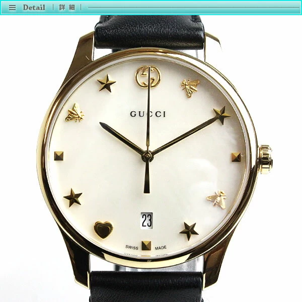 Gucci G Timeless Mother of Pearl Women YA1264044 Gold Black GG White Shell Leather 
