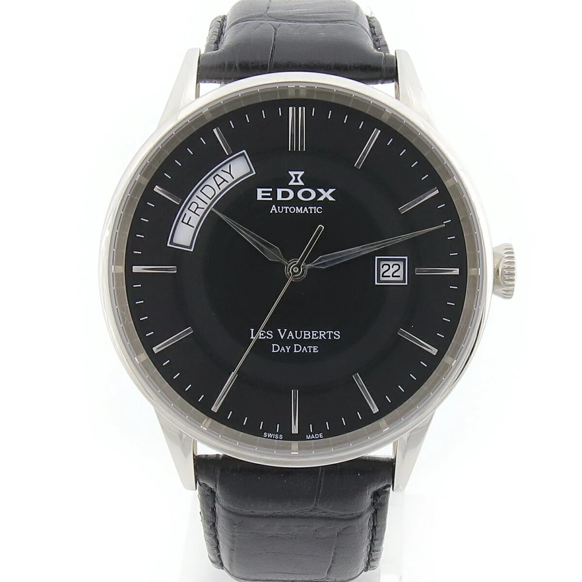 [Half Year Warranty/OH Already] EDOX Les Vaubert Chronograph Day-Date Automatic 83007-3-NIN SS Black x Silver Automatic Watch