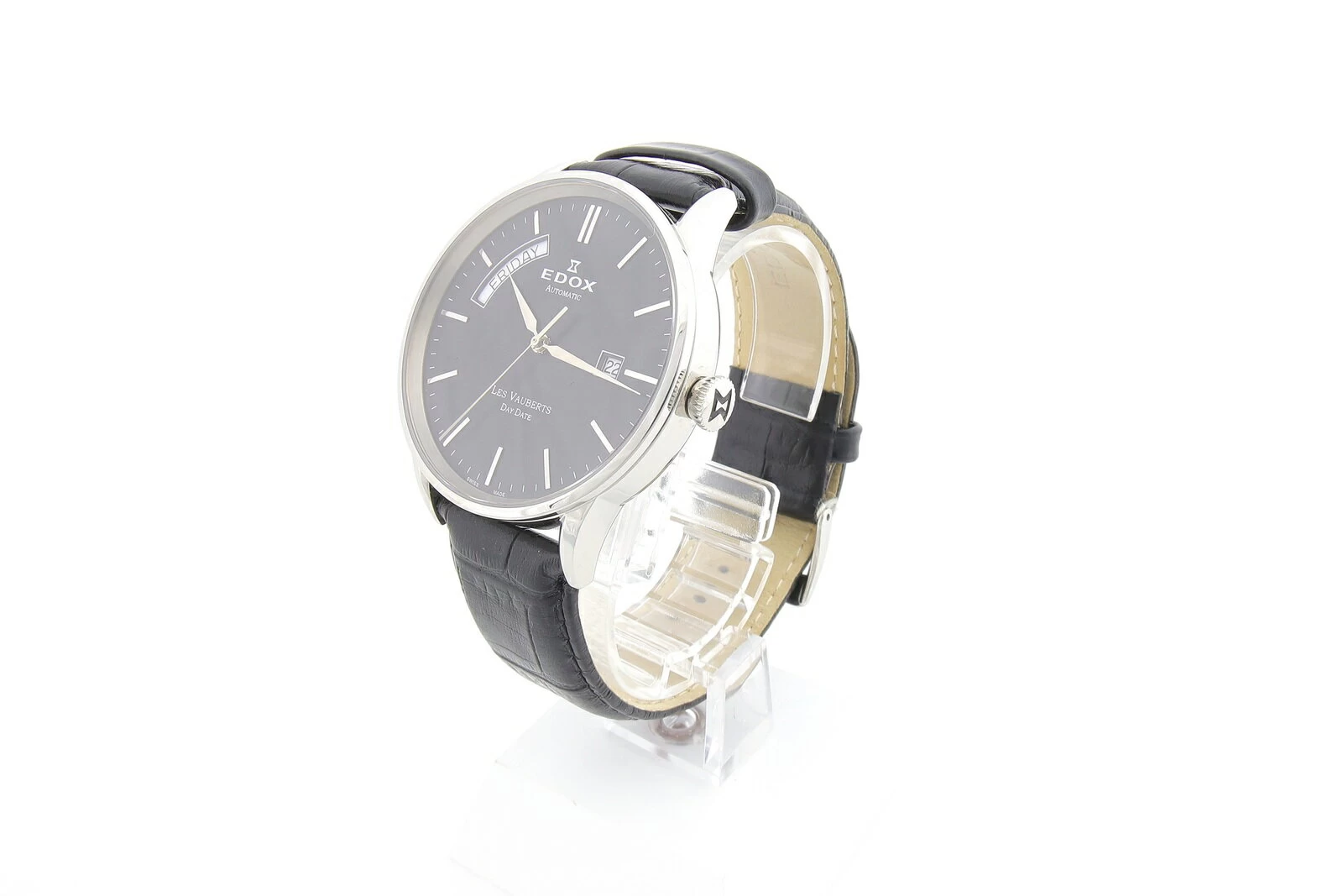 [Half Year Warranty/OH Already] EDOX Les Vaubert Chronograph Day-Date Automatic 83007-3-NIN SS Black x Silver Automatic Watch