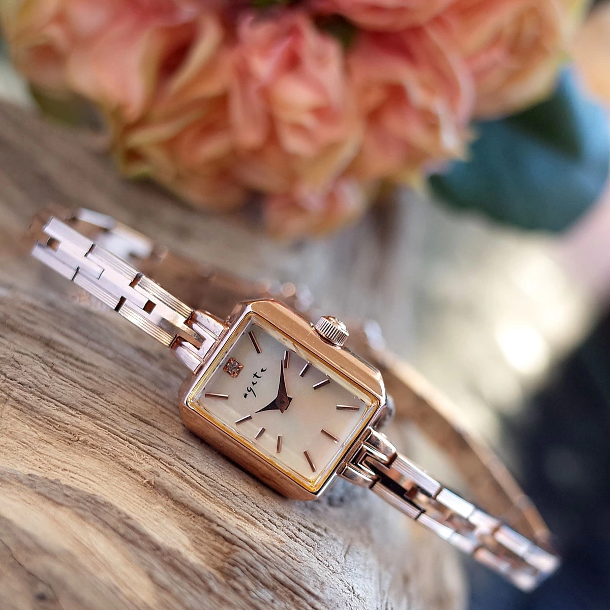 Good Condition Agate Pink Gold Color Shell Dial Diamond Dragon Bracelet Jewelry Watch SV/K18GP Ladies Quartz Agete