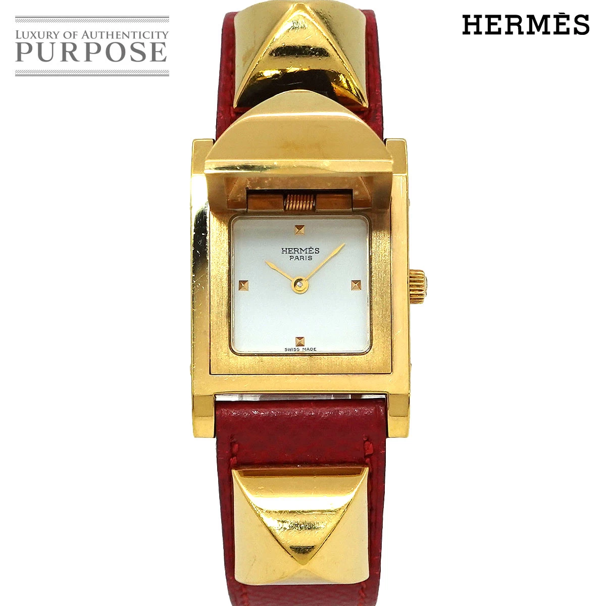 Pyramide Watch Hermes Hermes Medor Vintage Womens Pyramid Gold Studs White Dial Red ...