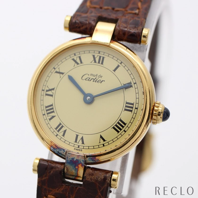 [Final disposition!! Sales ended at 8:30 on 3/1 (Wed.)! 20% OFF or more] Cartier Cartier Must Vendome Vermeil Ladies Quartz SV925 Leather Gold Brown Beige Dial 590004 _sale_0301end