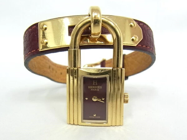 Hermes Kelly Watch KE1.201 Women's GP/Leather □ B Engraved Quartz Bordeaux Color [Degree A-] [Good Product]