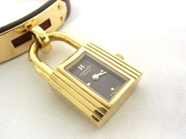 Hermes Kelly Watch KE1.201 Women's GP/Leather □ B Engraved Quartz Bordeaux Color [Degree A-] [Good Product]