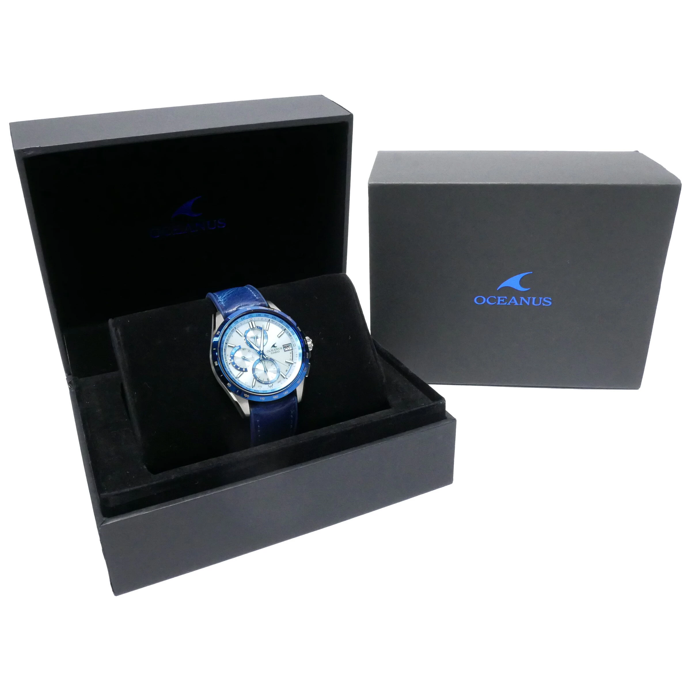 [Very Good] OCEANUS Oceanus Casio Casio Classic Line Chronograph Tough Solar Tachymeter World Time Multifunctional 10 ATM Waterproof Blue Dial with Replacement Strap Titanium/Leather/Rubber Black/Silver OCW-T2600ALB-2AJR