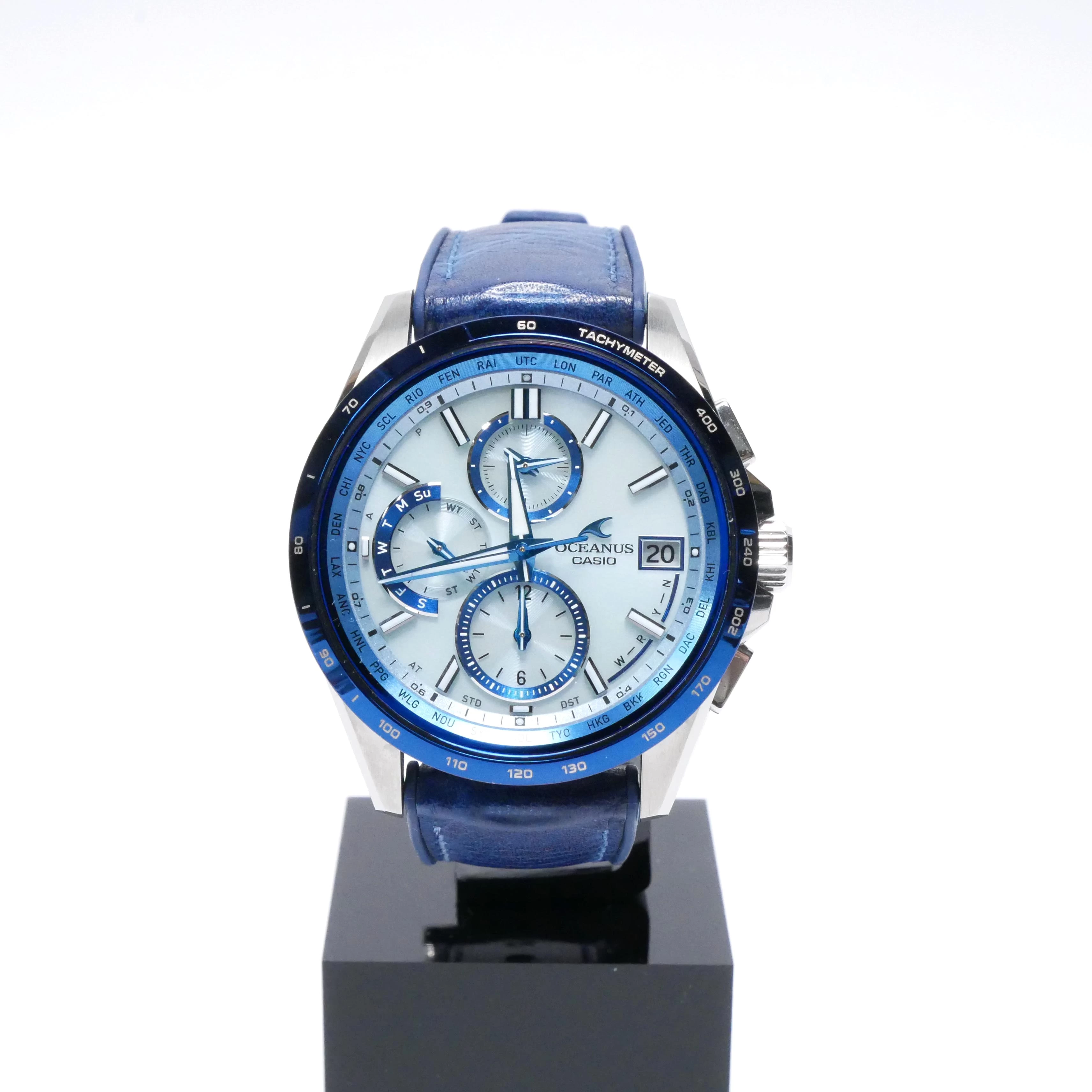 [Very Good] OCEANUS Oceanus Casio Casio Classic Line Chronograph Tough Solar Tachymeter World Time Multifunctional 10 ATM Waterproof Blue Dial with Replacement Strap Titanium/Leather/Rubber Black/Silver OCW-T2600ALB-2AJR